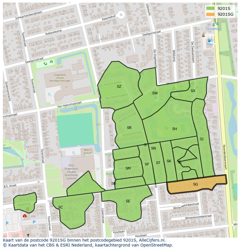 Afbeelding van het postcodegebied 9201 SG op de kaart.
