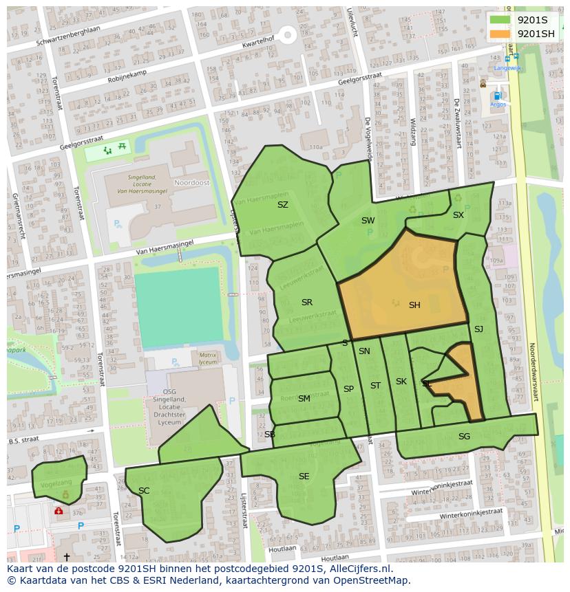 Afbeelding van het postcodegebied 9201 SH op de kaart.