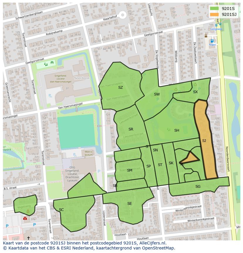 Afbeelding van het postcodegebied 9201 SJ op de kaart.