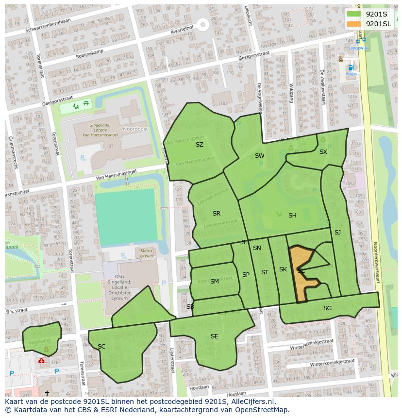 Afbeelding van het postcodegebied 9201 SL op de kaart.
