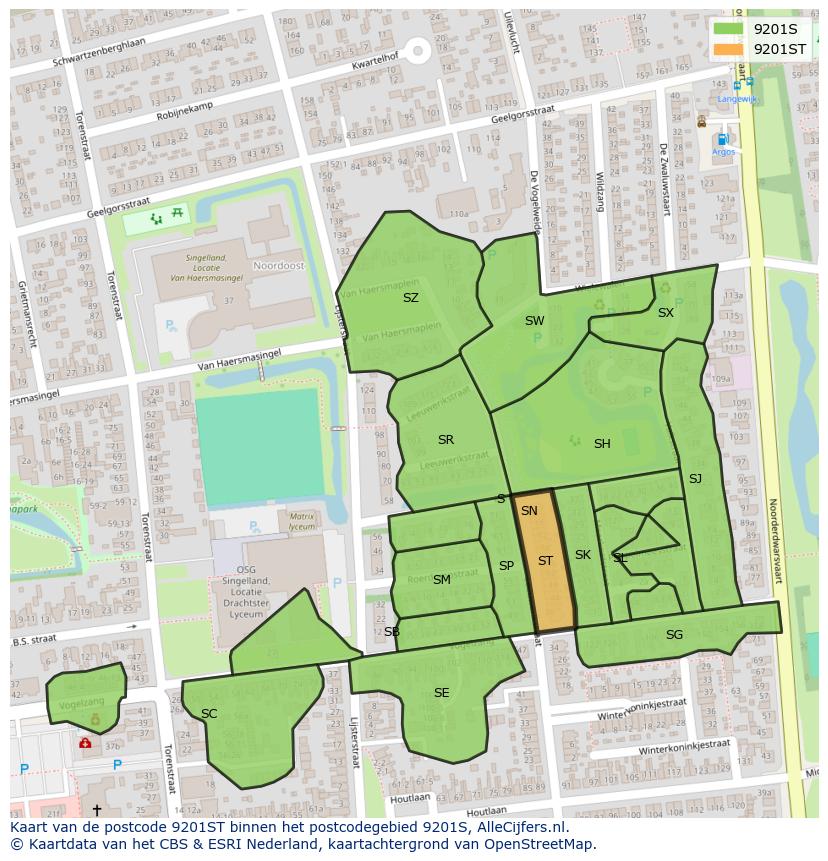 Afbeelding van het postcodegebied 9201 ST op de kaart.