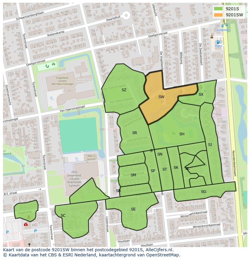 Afbeelding van het postcodegebied 9201 SW op de kaart.
