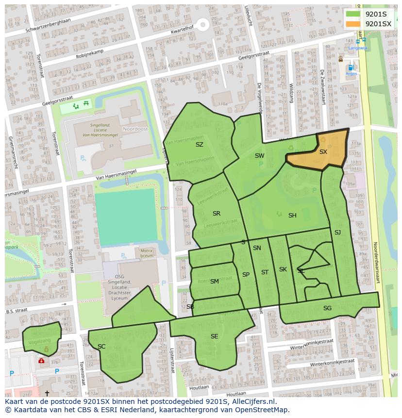 Afbeelding van het postcodegebied 9201 SX op de kaart.