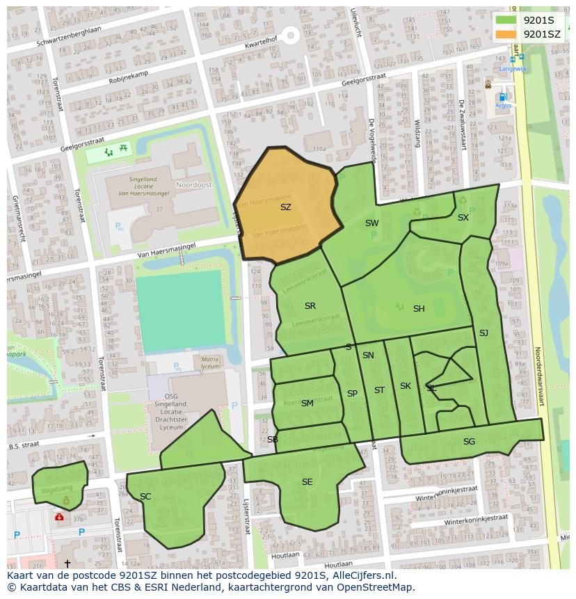 Afbeelding van het postcodegebied 9201 SZ op de kaart.