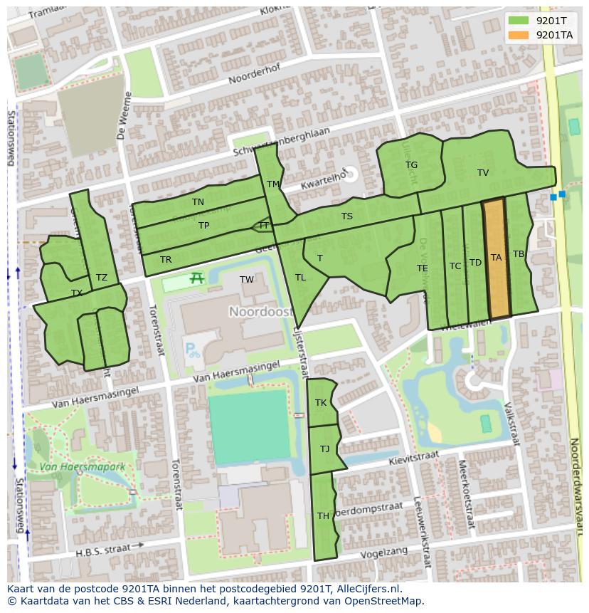 Afbeelding van het postcodegebied 9201 TA op de kaart.