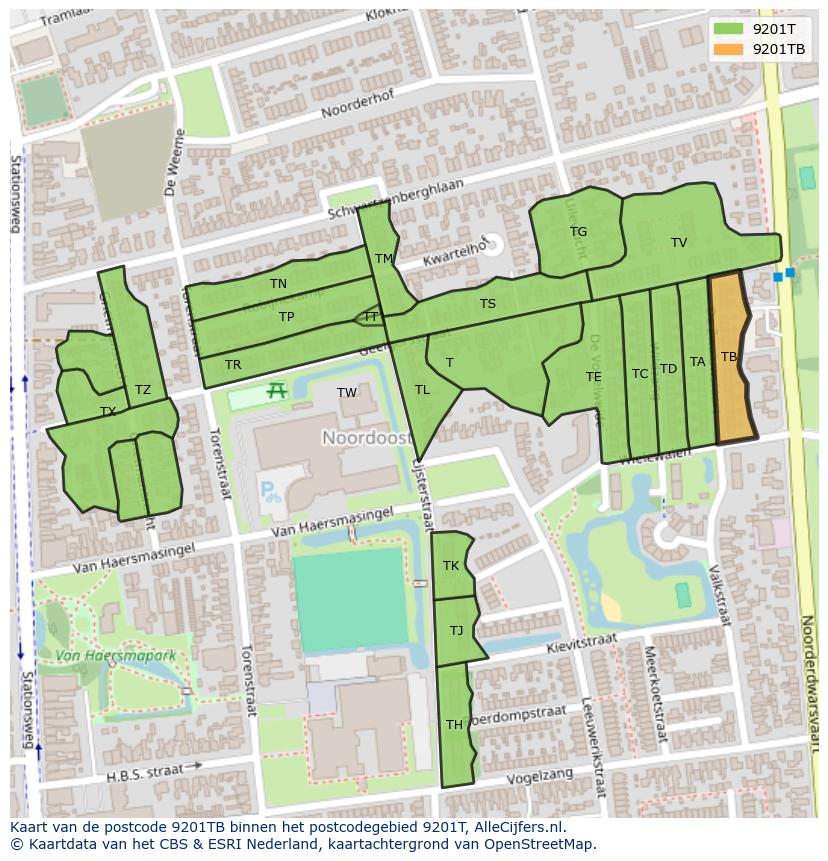 Afbeelding van het postcodegebied 9201 TB op de kaart.