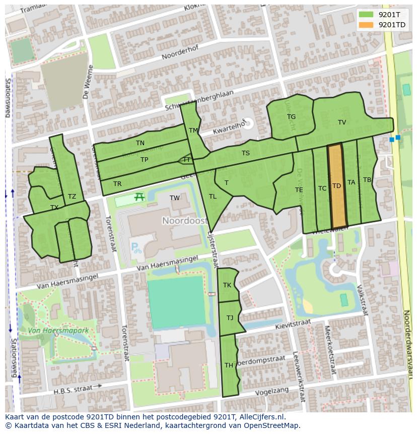 Afbeelding van het postcodegebied 9201 TD op de kaart.