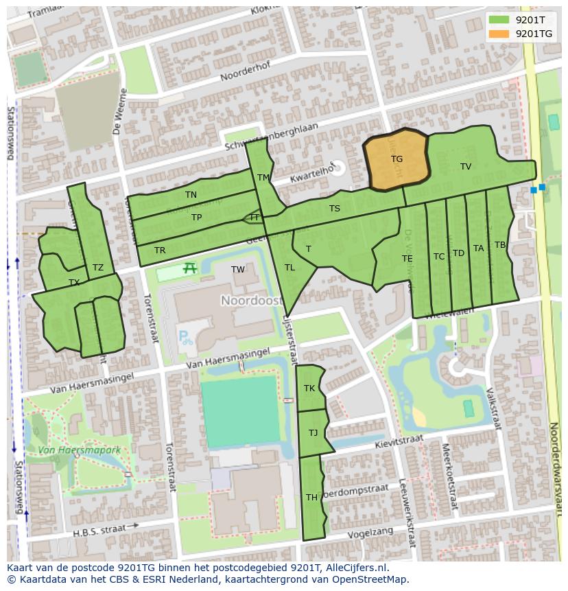 Afbeelding van het postcodegebied 9201 TG op de kaart.