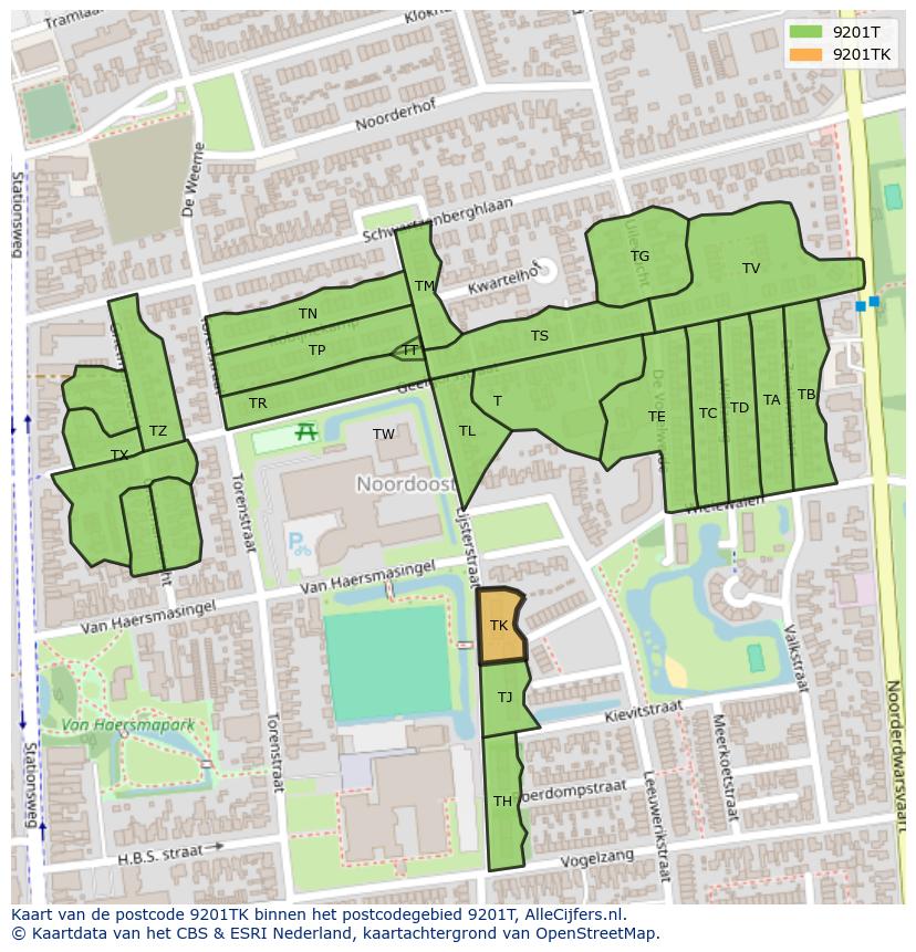 Afbeelding van het postcodegebied 9201 TK op de kaart.