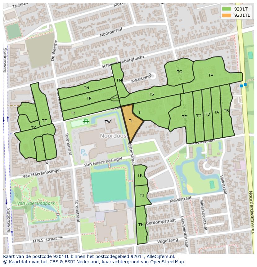 Afbeelding van het postcodegebied 9201 TL op de kaart.