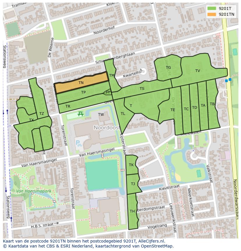 Afbeelding van het postcodegebied 9201 TN op de kaart.