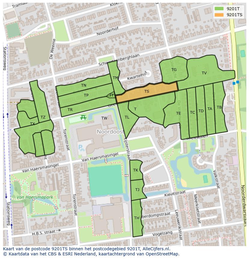 Afbeelding van het postcodegebied 9201 TS op de kaart.
