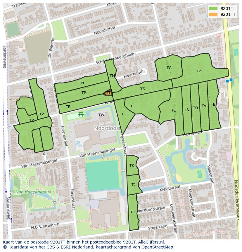 Afbeelding van het postcodegebied 9201 TT op de kaart.