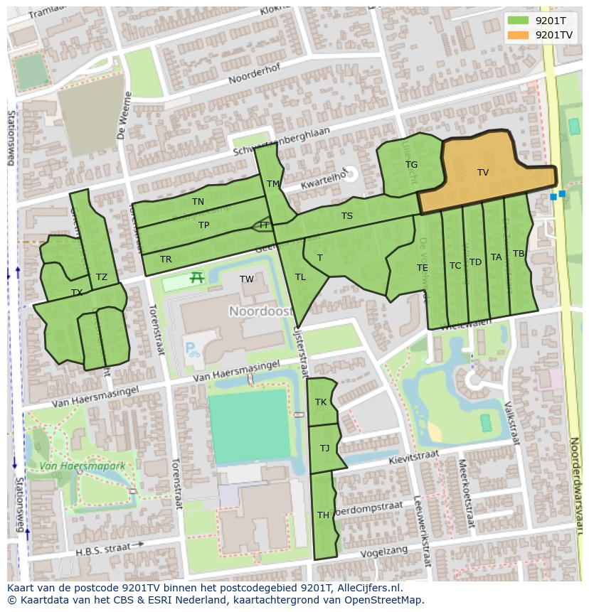 Afbeelding van het postcodegebied 9201 TV op de kaart.