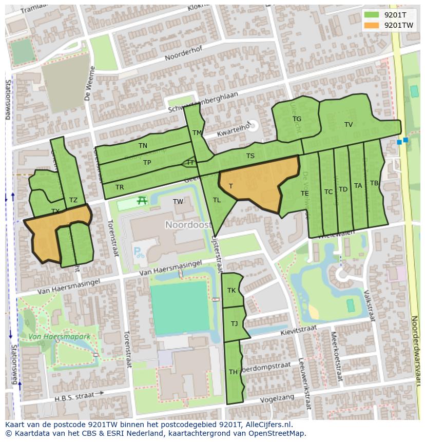 Afbeelding van het postcodegebied 9201 TW op de kaart.