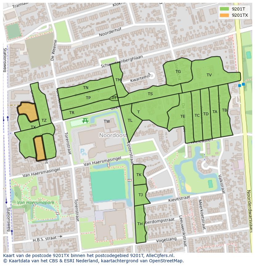 Afbeelding van het postcodegebied 9201 TX op de kaart.
