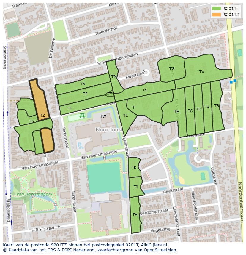 Afbeelding van het postcodegebied 9201 TZ op de kaart.