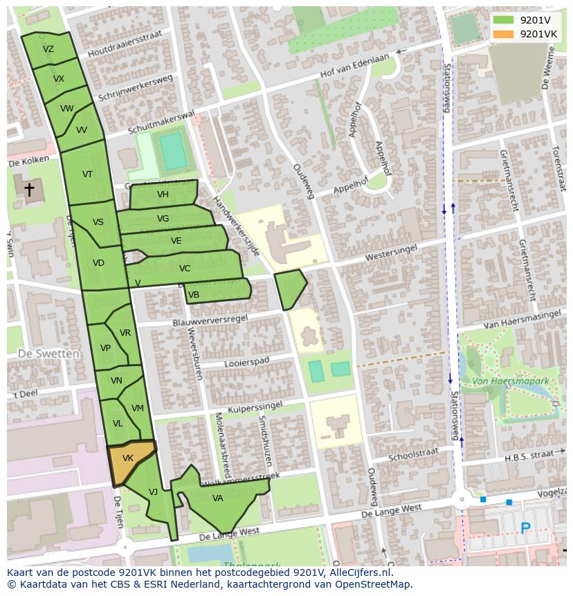 Afbeelding van het postcodegebied 9201 VK op de kaart.