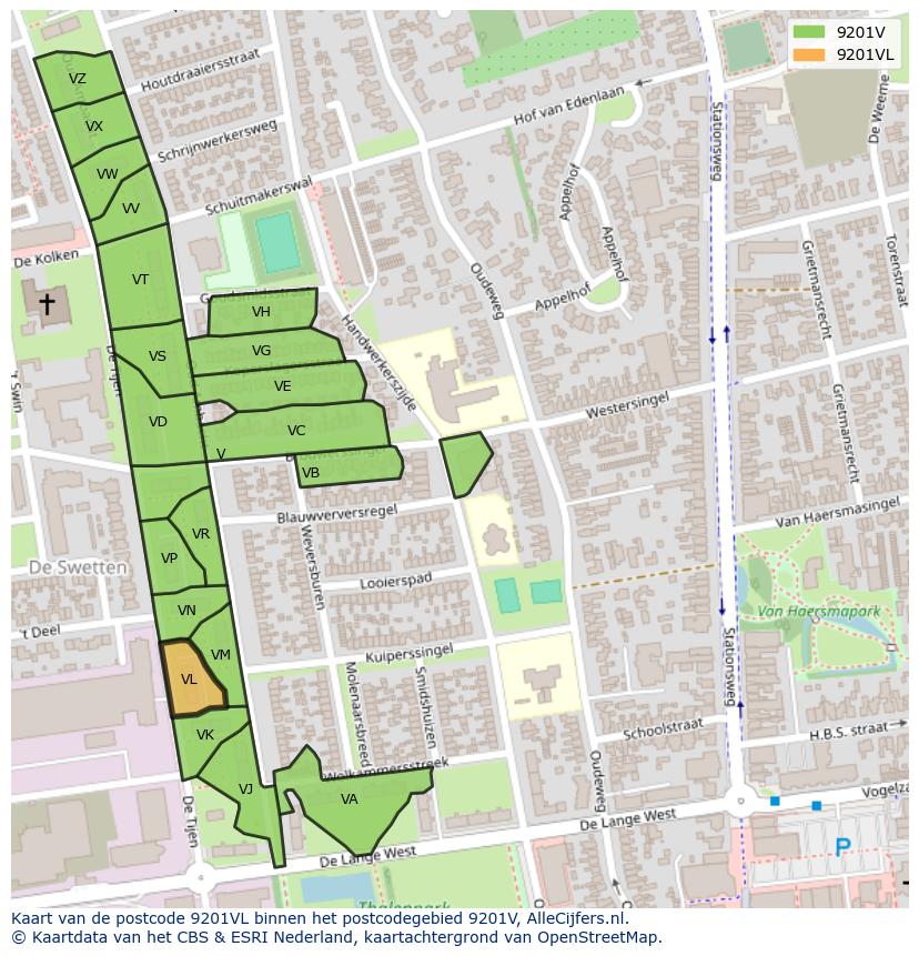 Afbeelding van het postcodegebied 9201 VL op de kaart.