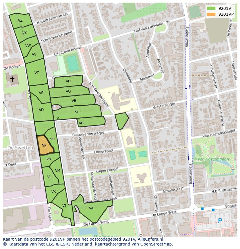 Afbeelding van het postcodegebied 9201 VP op de kaart.