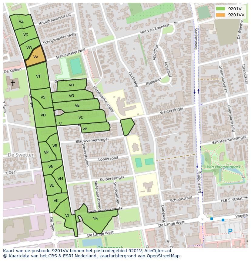 Afbeelding van het postcodegebied 9201 VV op de kaart.