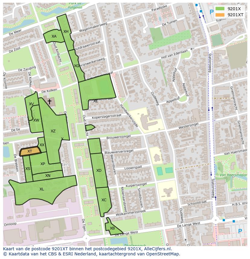 Afbeelding van het postcodegebied 9201 XT op de kaart.