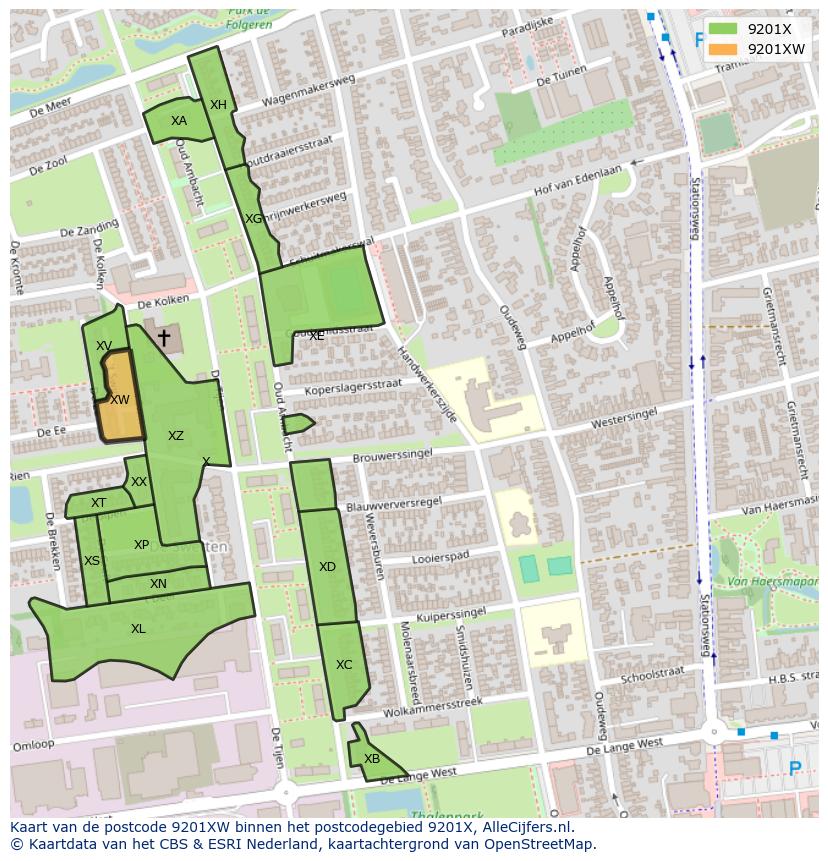 Afbeelding van het postcodegebied 9201 XW op de kaart.