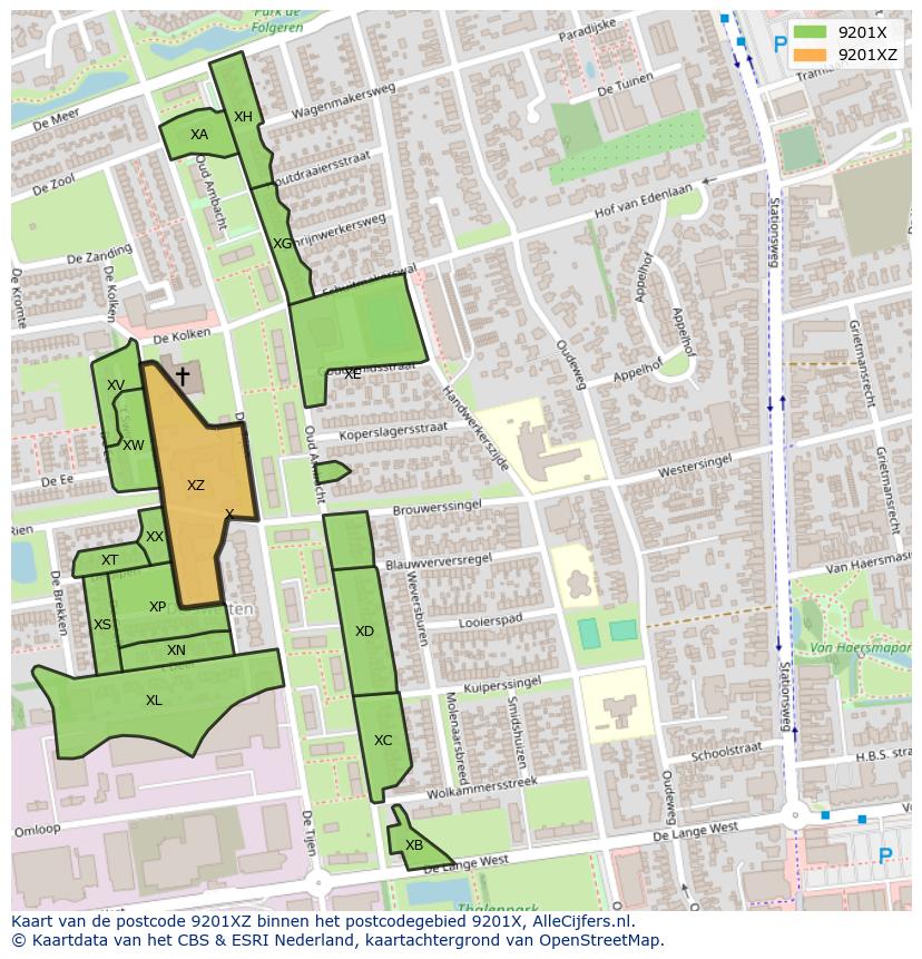 Afbeelding van het postcodegebied 9201 XZ op de kaart.