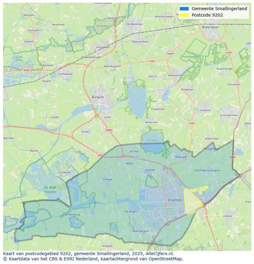 Afbeelding van het postcodegebied 9202 op de kaart.