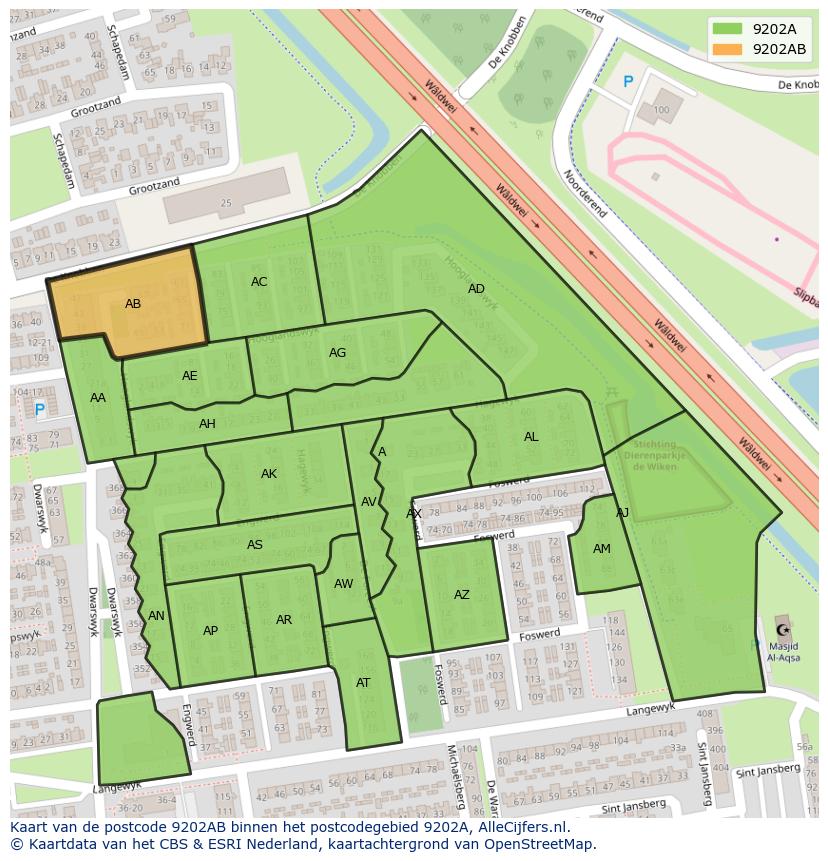 Afbeelding van het postcodegebied 9202 AB op de kaart.