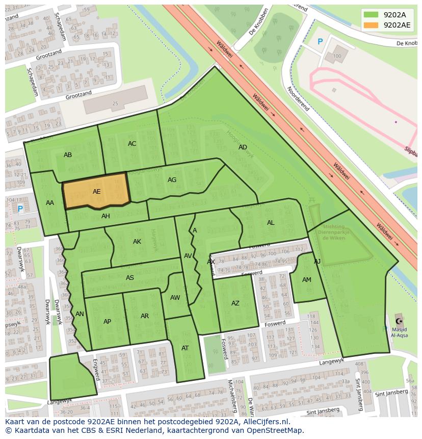 Afbeelding van het postcodegebied 9202 AE op de kaart.