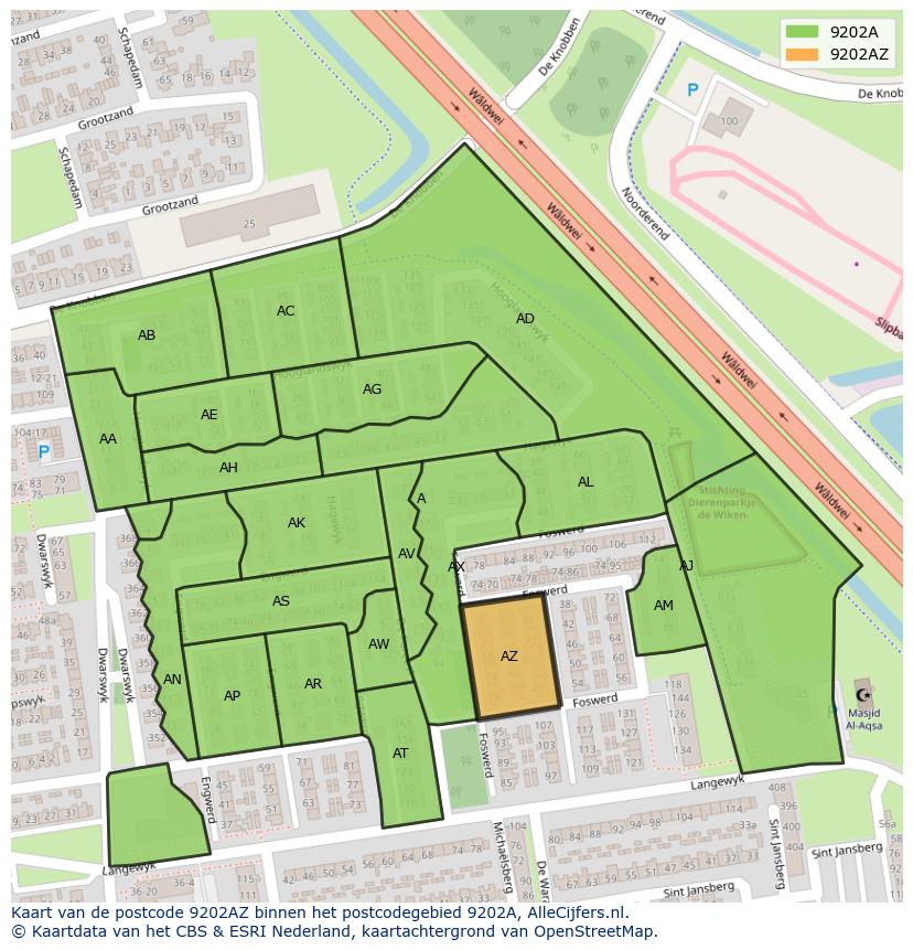 Afbeelding van het postcodegebied 9202 AZ op de kaart.