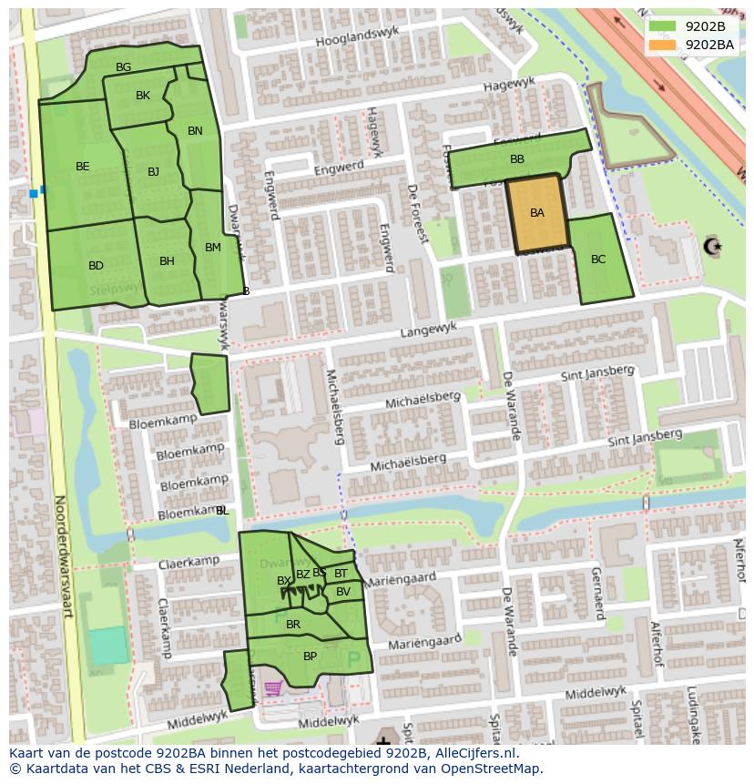 Afbeelding van het postcodegebied 9202 BA op de kaart.