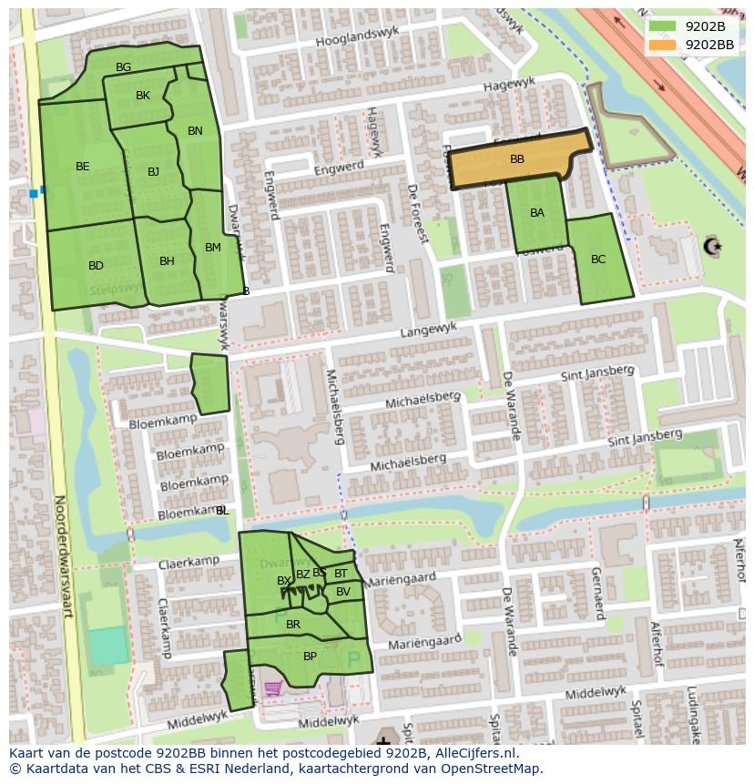Afbeelding van het postcodegebied 9202 BB op de kaart.