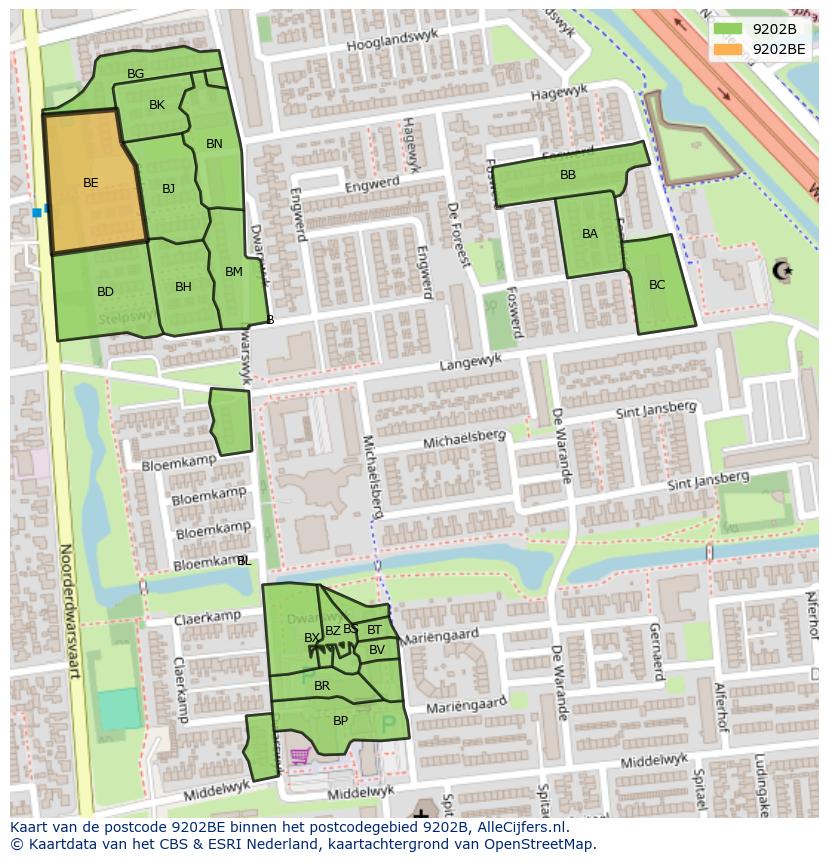 Afbeelding van het postcodegebied 9202 BE op de kaart.