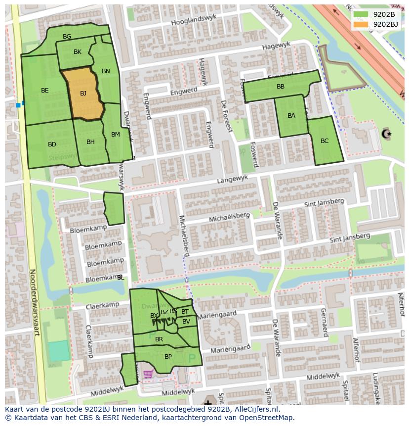 Afbeelding van het postcodegebied 9202 BJ op de kaart.