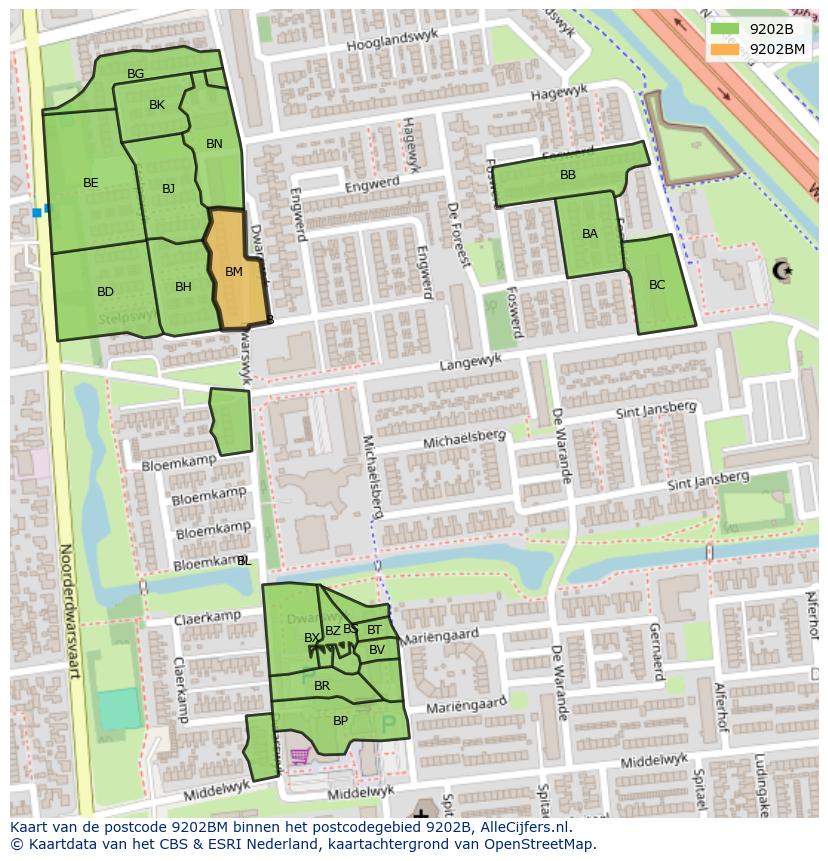 Afbeelding van het postcodegebied 9202 BM op de kaart.