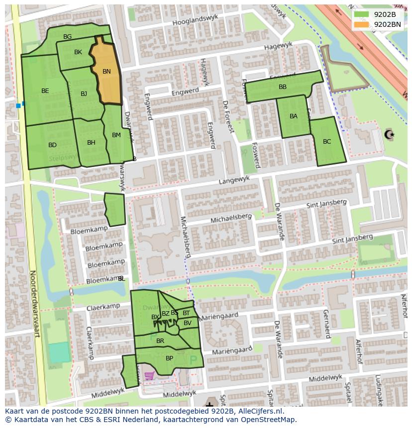 Afbeelding van het postcodegebied 9202 BN op de kaart.