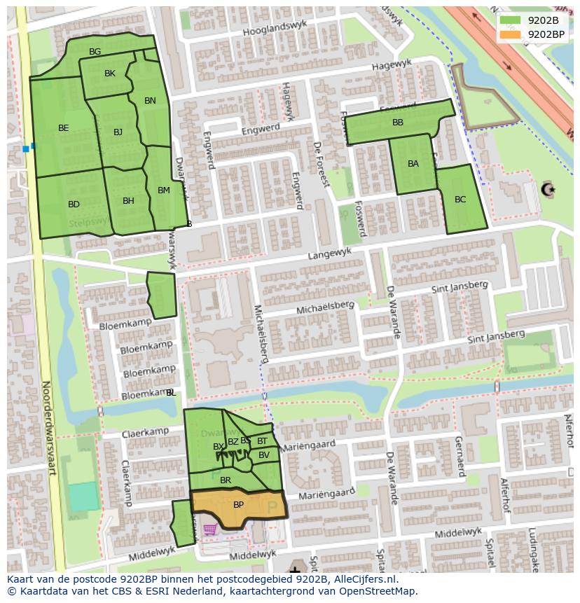 Afbeelding van het postcodegebied 9202 BP op de kaart.