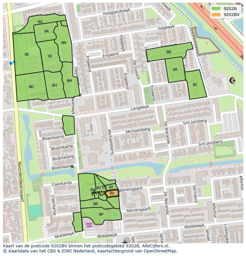 Afbeelding van het postcodegebied 9202 BV op de kaart.