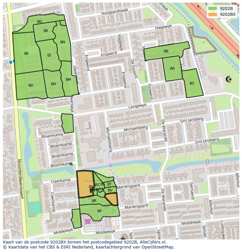 Afbeelding van het postcodegebied 9202 BX op de kaart.