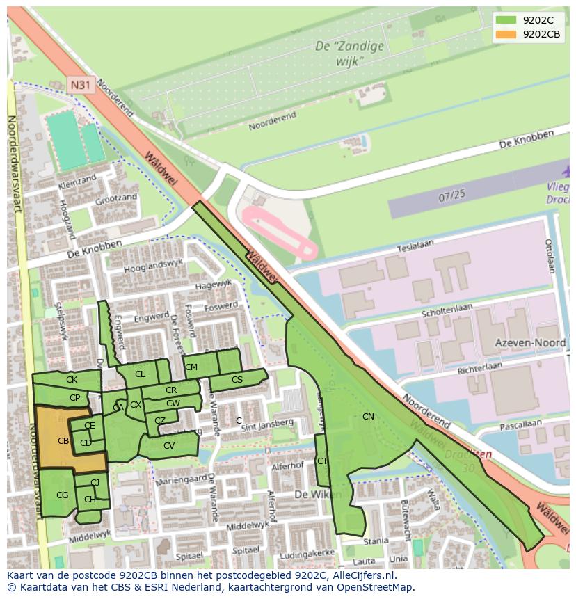 Afbeelding van het postcodegebied 9202 CB op de kaart.