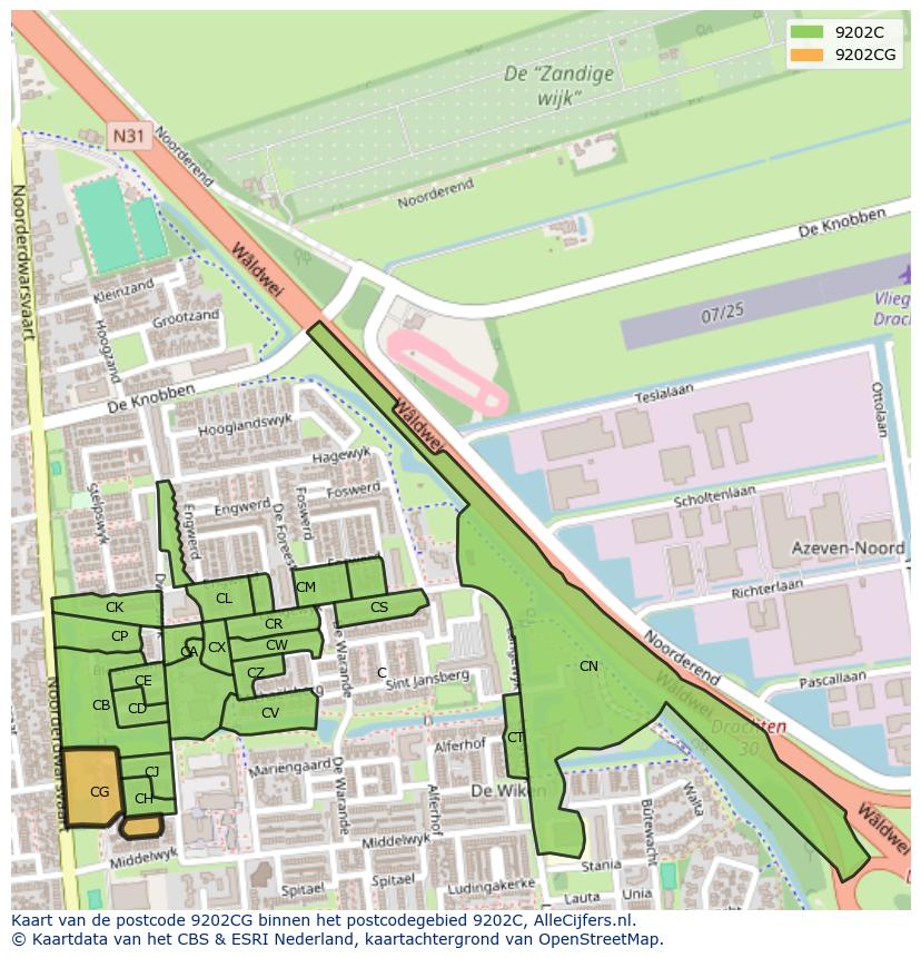 Afbeelding van het postcodegebied 9202 CG op de kaart.