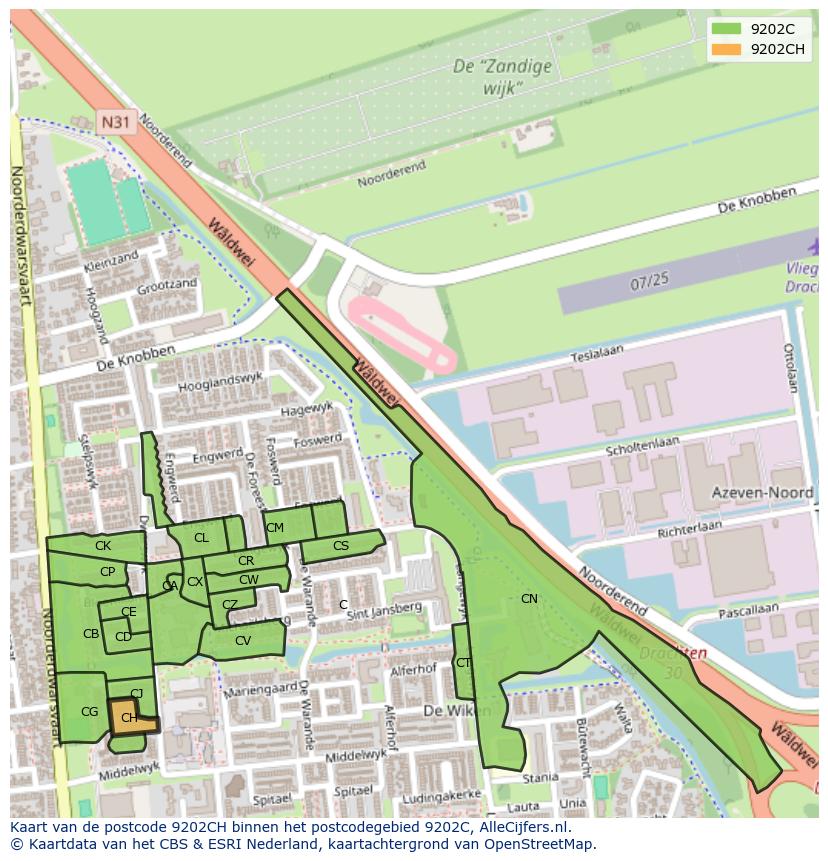 Afbeelding van het postcodegebied 9202 CH op de kaart.