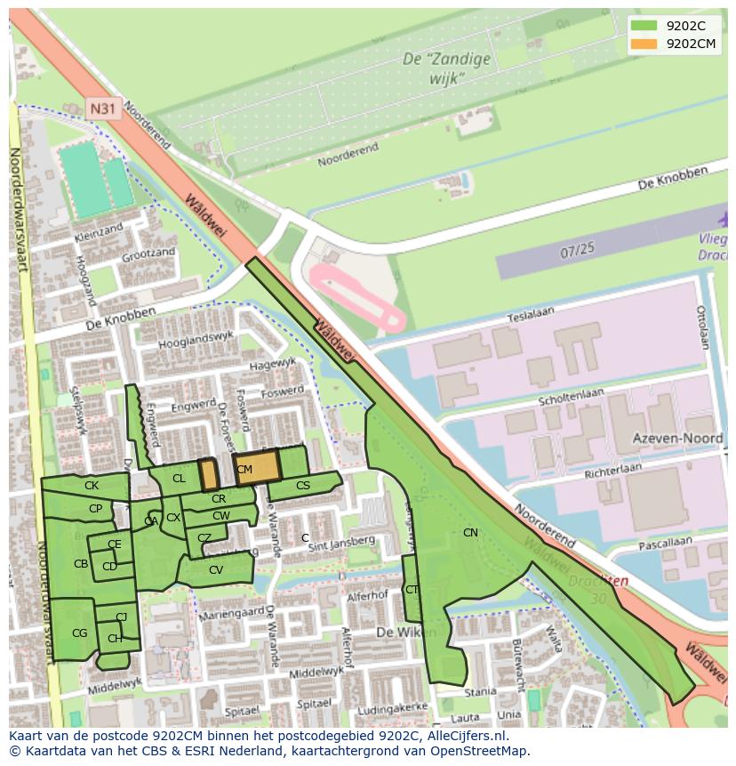 Afbeelding van het postcodegebied 9202 CM op de kaart.