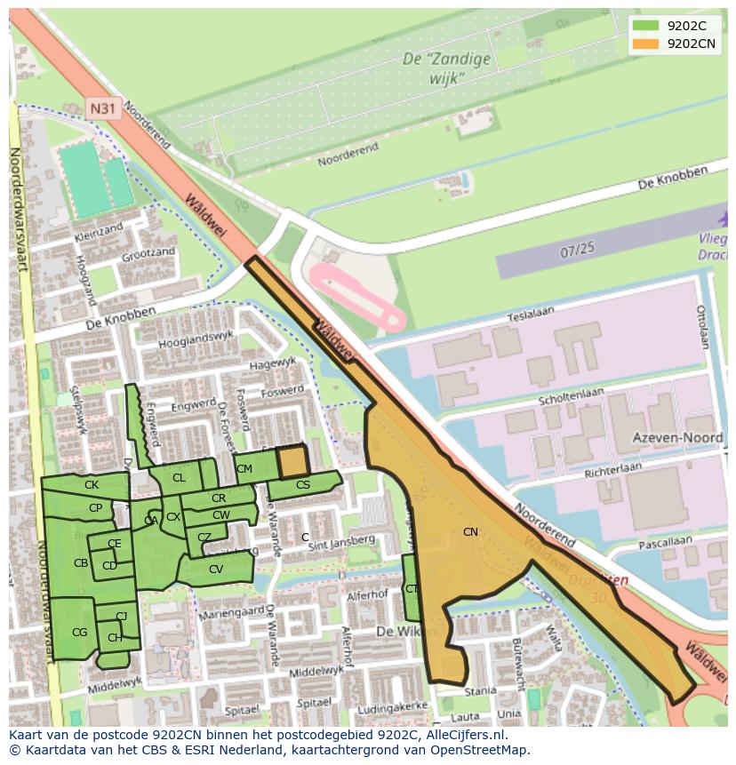 Afbeelding van het postcodegebied 9202 CN op de kaart.