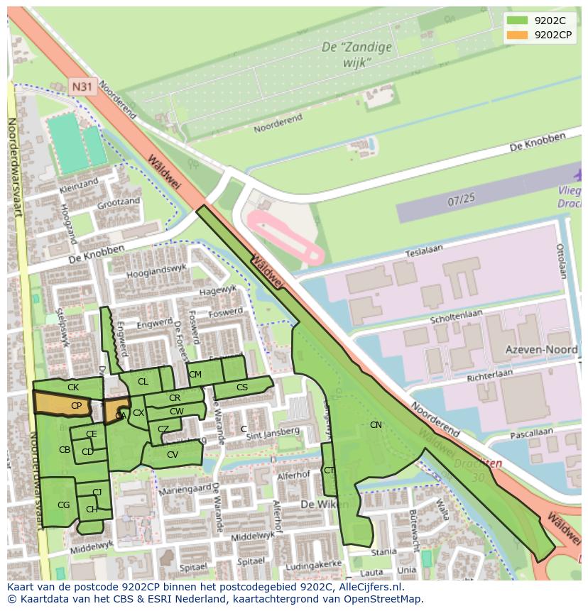 Afbeelding van het postcodegebied 9202 CP op de kaart.