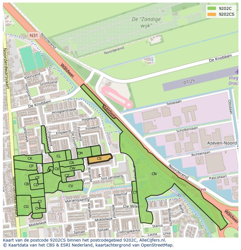 Afbeelding van het postcodegebied 9202 CS op de kaart.
