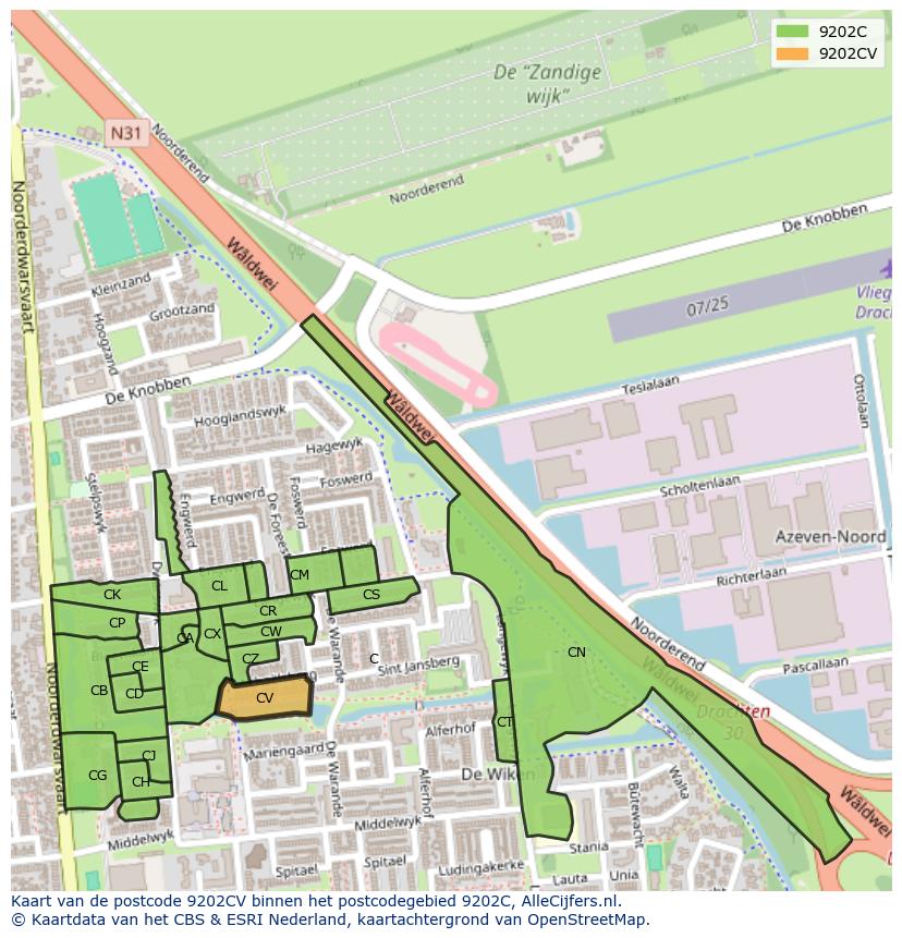 Afbeelding van het postcodegebied 9202 CV op de kaart.