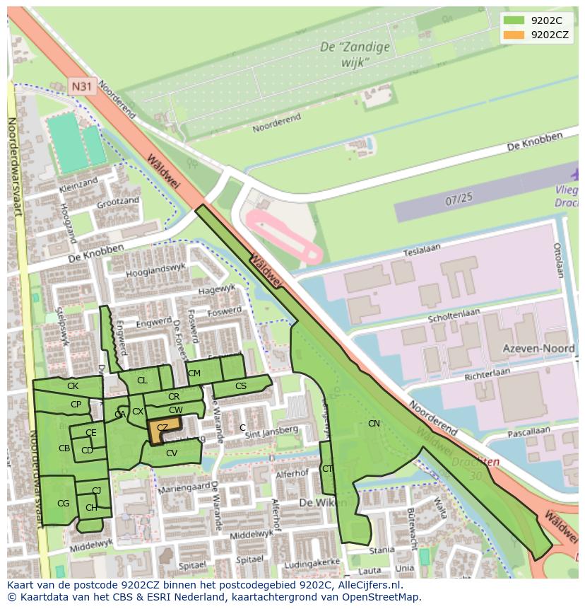 Afbeelding van het postcodegebied 9202 CZ op de kaart.